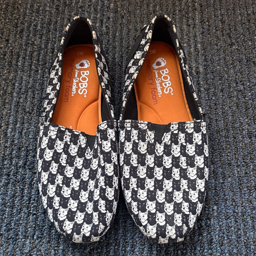 Skechers BOBS Black and White Cat Pattern Flats